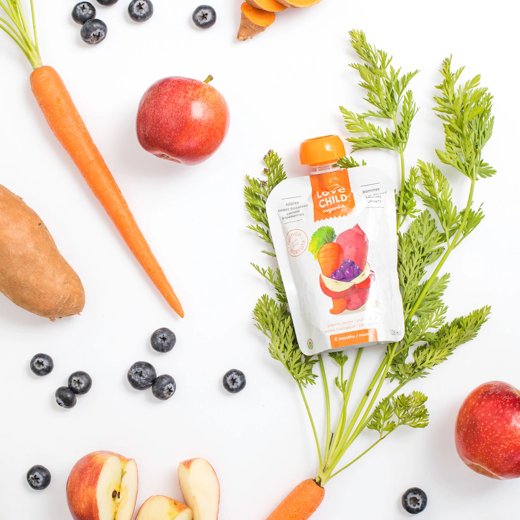 Apples, Sweet Potatoes, Carrots, Blueberries