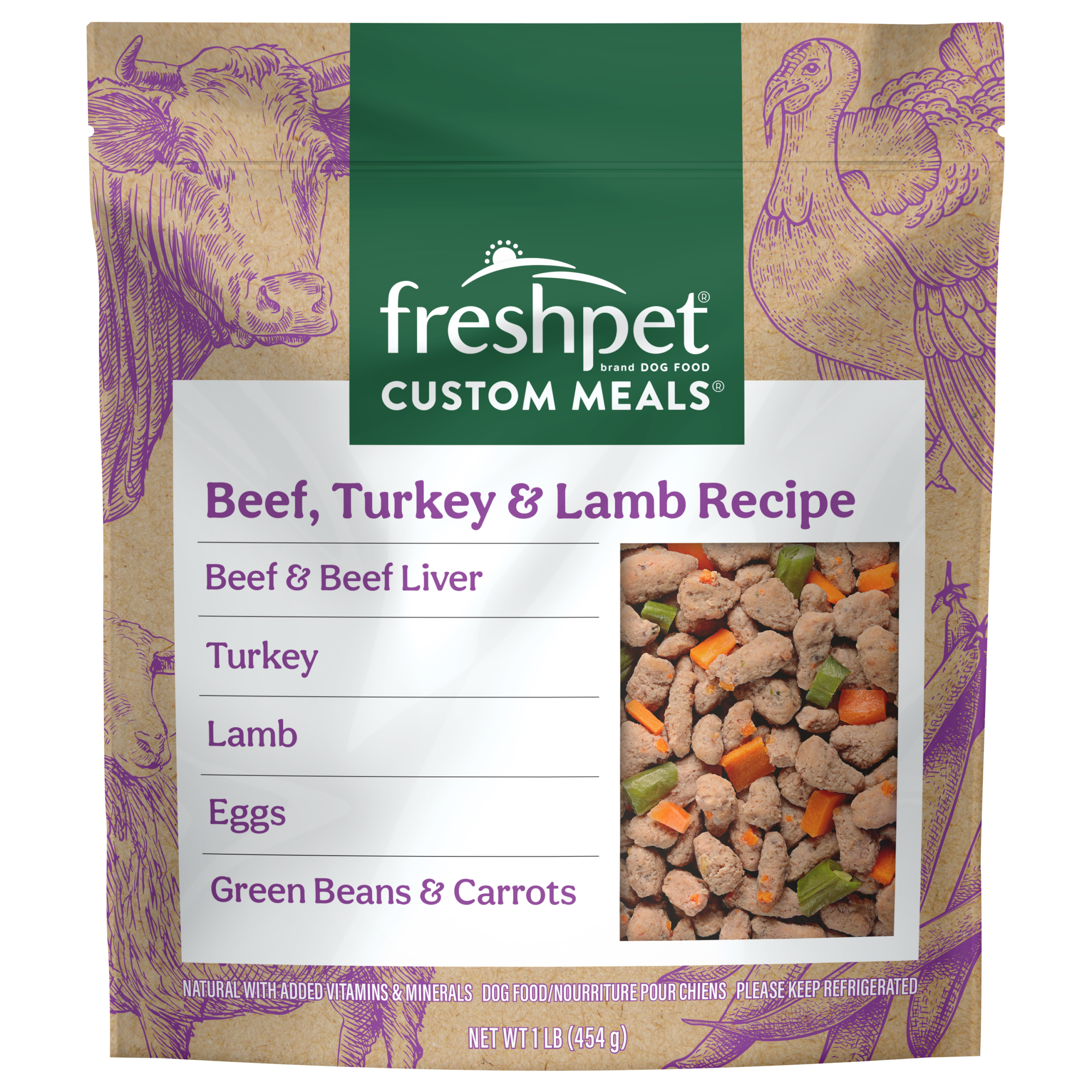 FRESHPET CUSTOM MEALS BEEF, TURKEY & LAMB RECIPE 1 LB