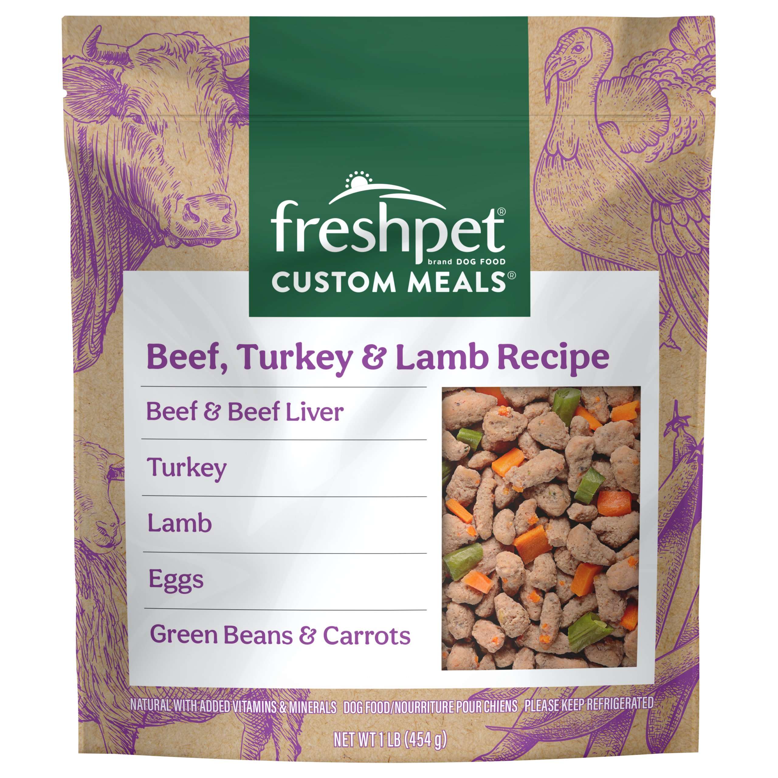 FRESHPET CUSTOM MEALS BEEF, TURKEY & LAMB RECIPE 1 LB