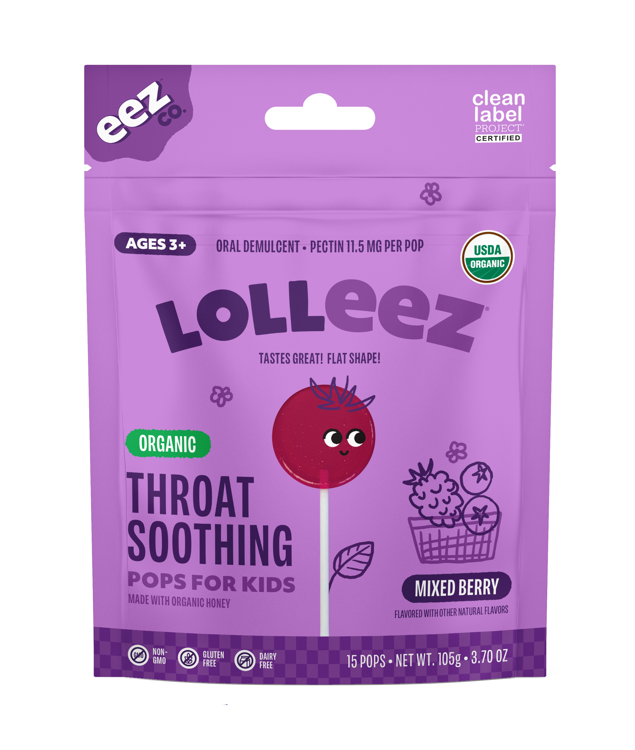 Lolleez Organic Throat Soothing Pops for Kids, Mixed Berry