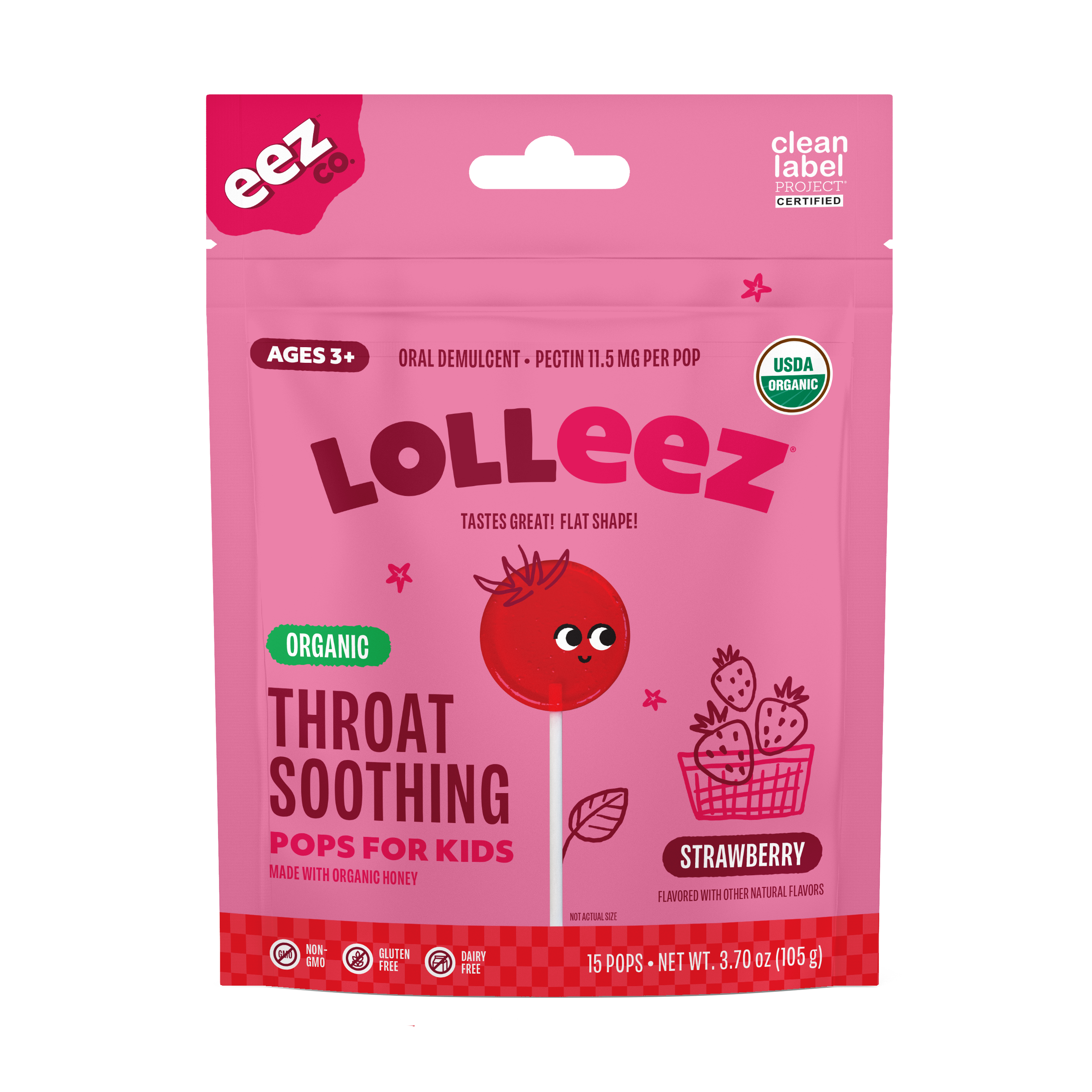 Lolleez Organic Throat Soothing Pops for Kids, Strawberry