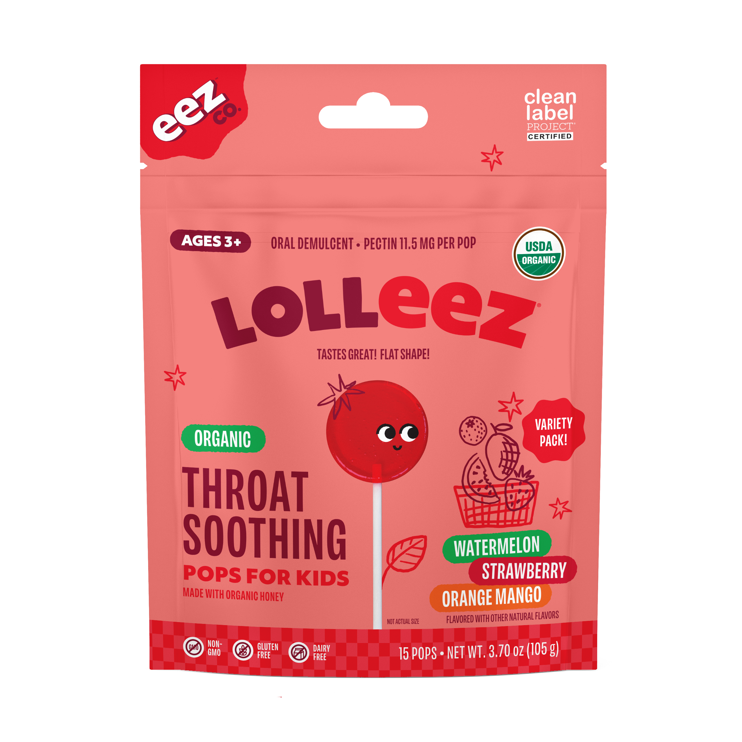 Lolleez Organic Throat Soothing Pops for Kids Orange Mango, Mixed Berry, Strawberry & Watermelon Variety Pack