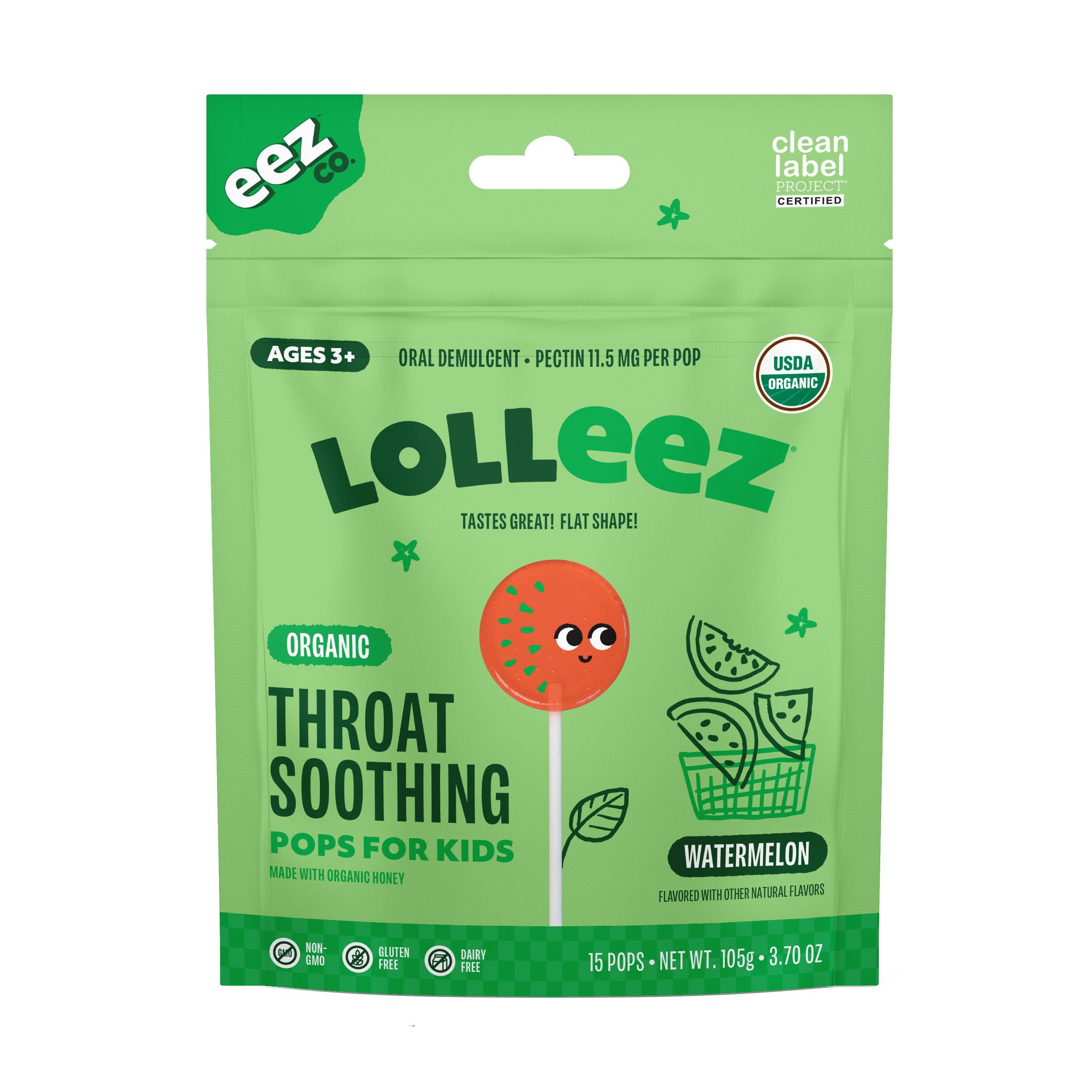 Lolleez Organic Throat Soothing Pops for Kids, Watermelon