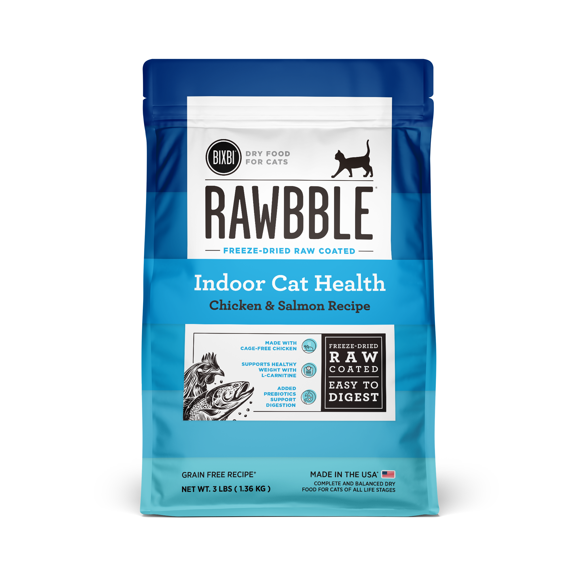 Rawbble® Dry Food for Indoor Cat Health – Chicken & Salmon Recipe, 3 lb