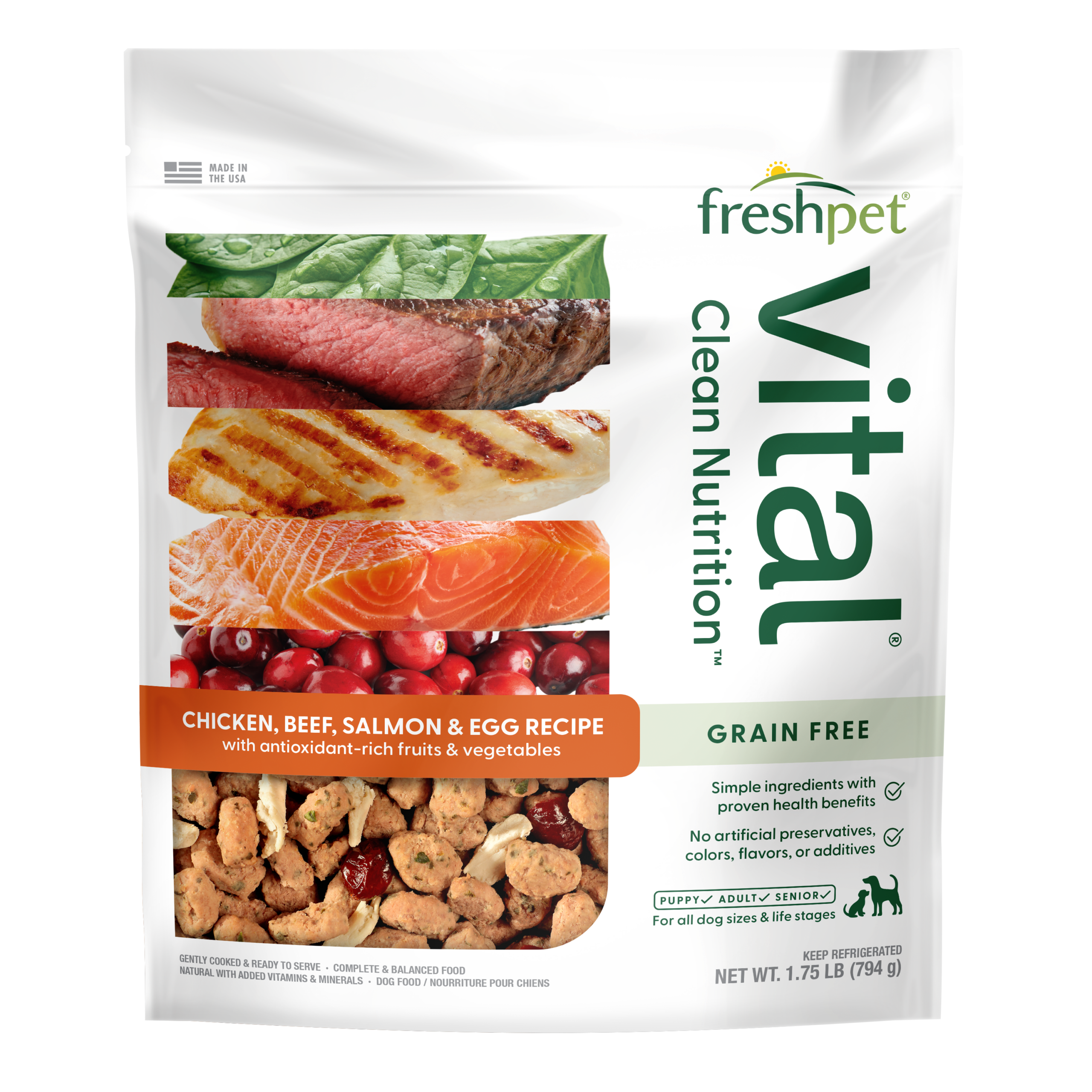 FRESHPET VITAL DOG ROASTED MEALS GRAIN FREE CHICKEN, BEEF, SALMON & EGG RECIPE 1.75 LB