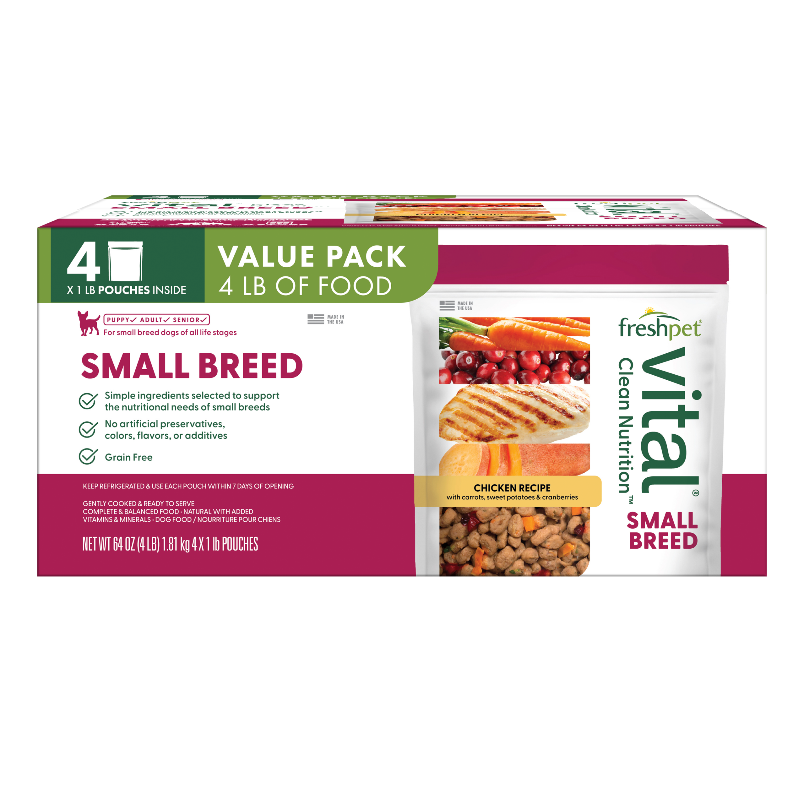 FRESHPET VITAL SMALL BREED ROASTED MEALS FRESH PACK GRAIN FREE CHICKEN RECIPE 4 X 1 LB